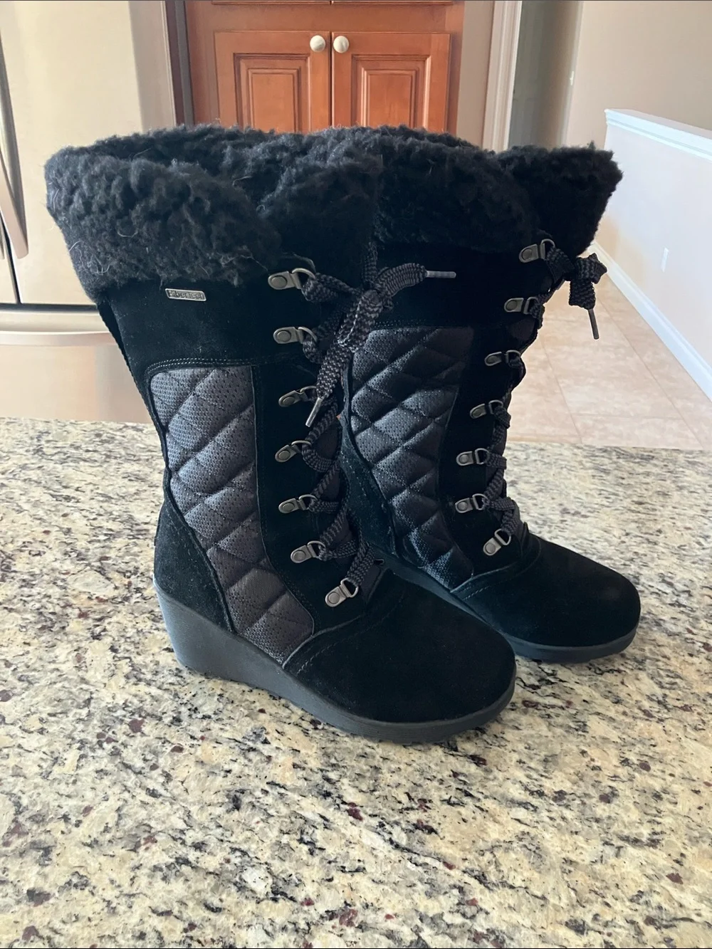 BearPaw Black Quilted Lace-Up Winter Boots with Faux Fur Cuff